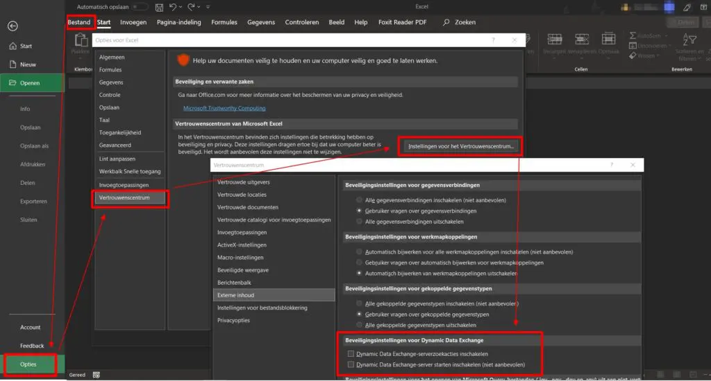 Excel DDE uitzetten lr